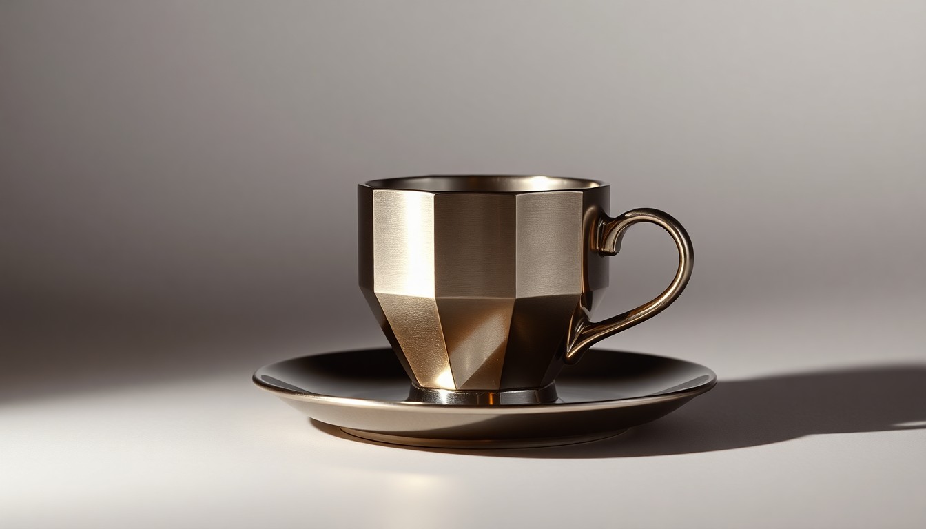 A high-end, minimalist studio photograph featuring a polished, geometric coffee cup and saucer made of premium materials, conceptually representing the restoration of a beloved local coffee shop brand to a changing neighborhood.