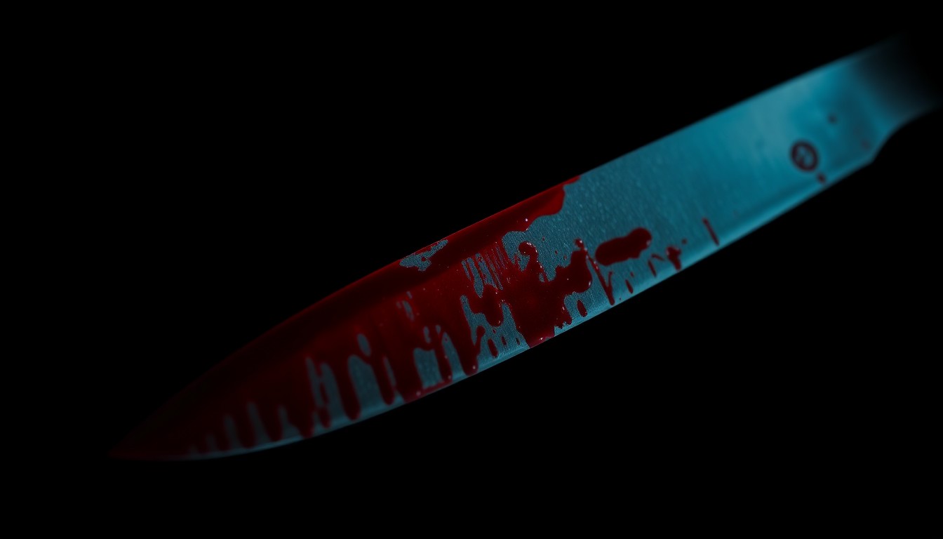 An extreme close-up of a bloodied knife blade reflecting a bright flash of light, conceptually illustrating the violence of a stabbing incident.