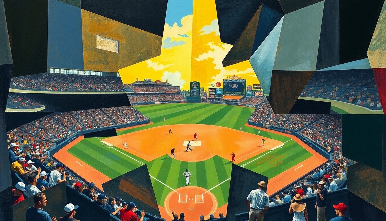 A cubist, geometric painting depicting a baseball game broken down into overlapping planes of color and abstract shapes, representing the new ownership group's plans to transform the Colorado Rockies franchise.