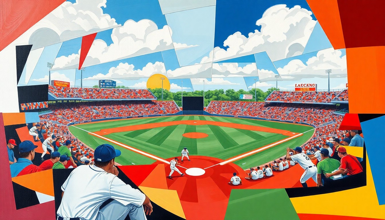 A fragmented, geometric painting depicting the dynamic action of a high school baseball game, with the team colors of the Lockney Longhorns and Clarendon Broncos woven throughout the abstract composition.