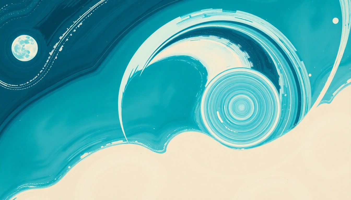 An abstract painting in soft blues, greens, and neutrals featuring sweeping geometric arcs, concentric circles, and botanical spirals, conceptually representing the complex systems and forces involved in a deep-space crew recovery operation.