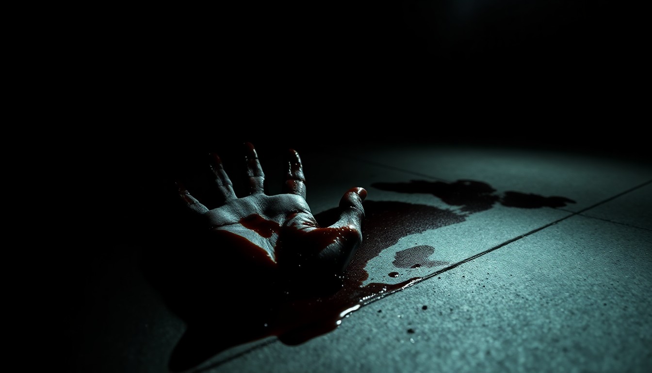 An extreme close-up of a smeared palm print on a concrete surface, captured with dramatic lighting and a stark, gritty aesthetic to convey the investigative nature of the crime.