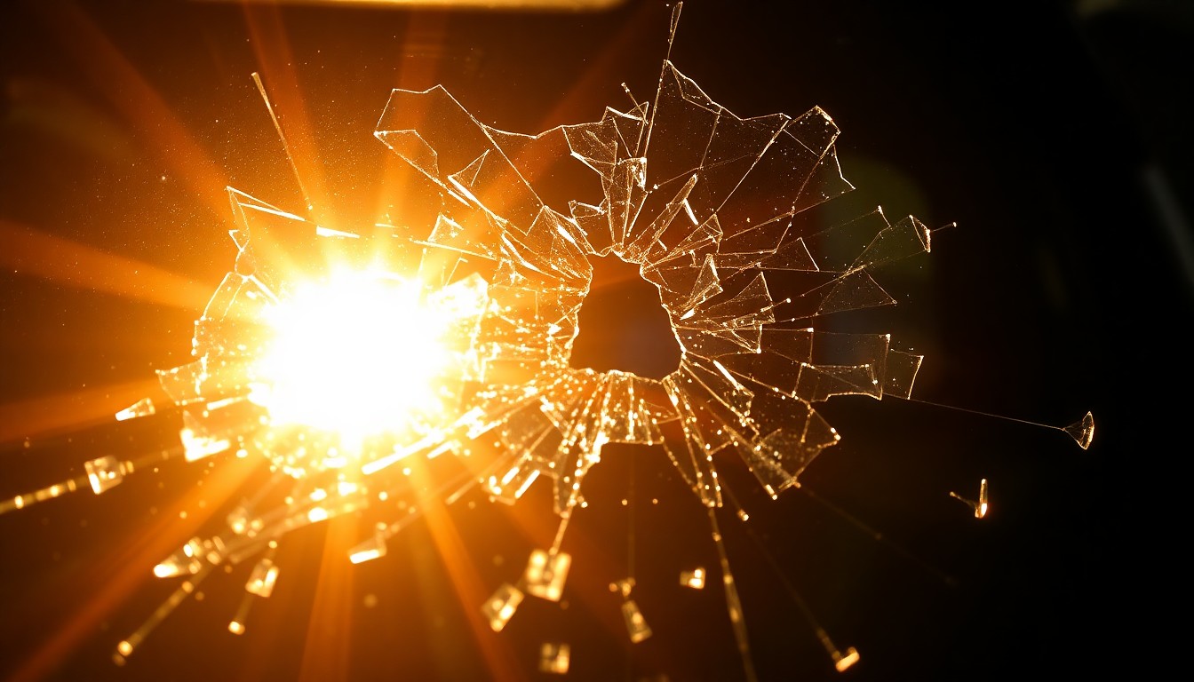 An extreme close-up photograph of a shattered car windshield reflecting the harsh glare of a camera flash, conceptually representing the violent impact and aftermath of a high-speed crash.
