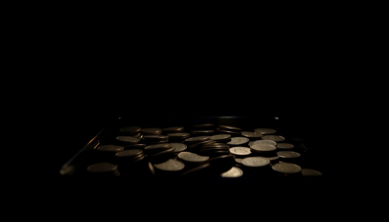 An extreme close-up photograph of a casino slot machine coin tray, lit by a harsh, direct camera flash against a pitch-black background, conveying a stark, gritty, investigative aesthetic.