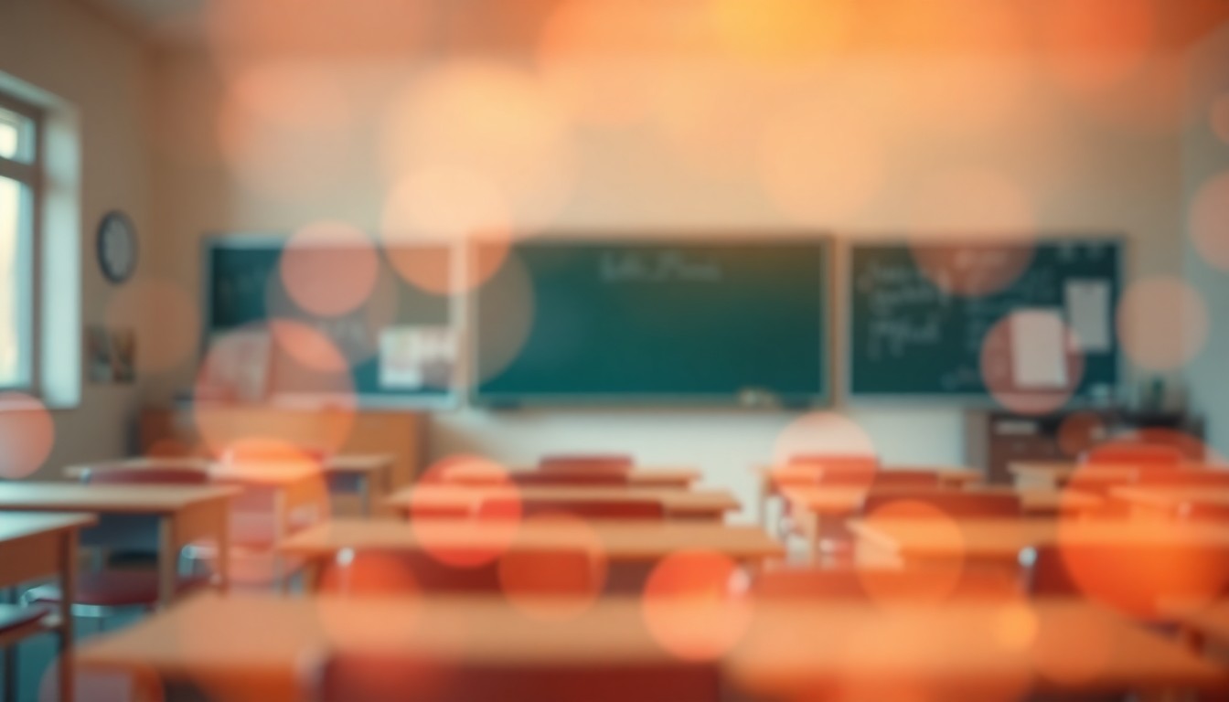An abstract, out-of-focus photograph depicting a blurred classroom scene, with warm pools of light and color creating a dreamlike, introspective mood around the indistinct shapes of desks, chairs, and a chalkboard.