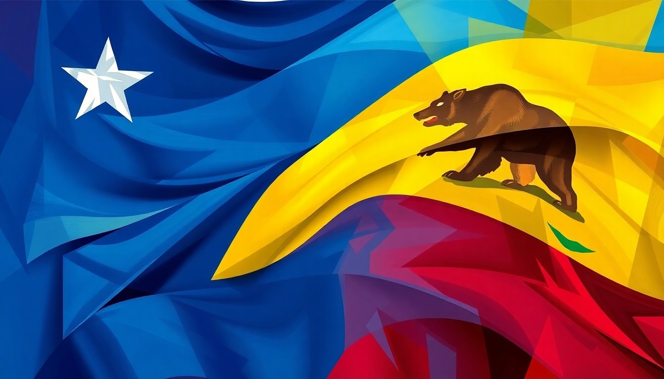 A dynamic, abstract painting featuring overlapping geometric shapes and waves of bold, vibrant colors like deep blue, golden yellow, and bright red, conceptually representing the fractured political discourse around crime and fraud enforcement in California.