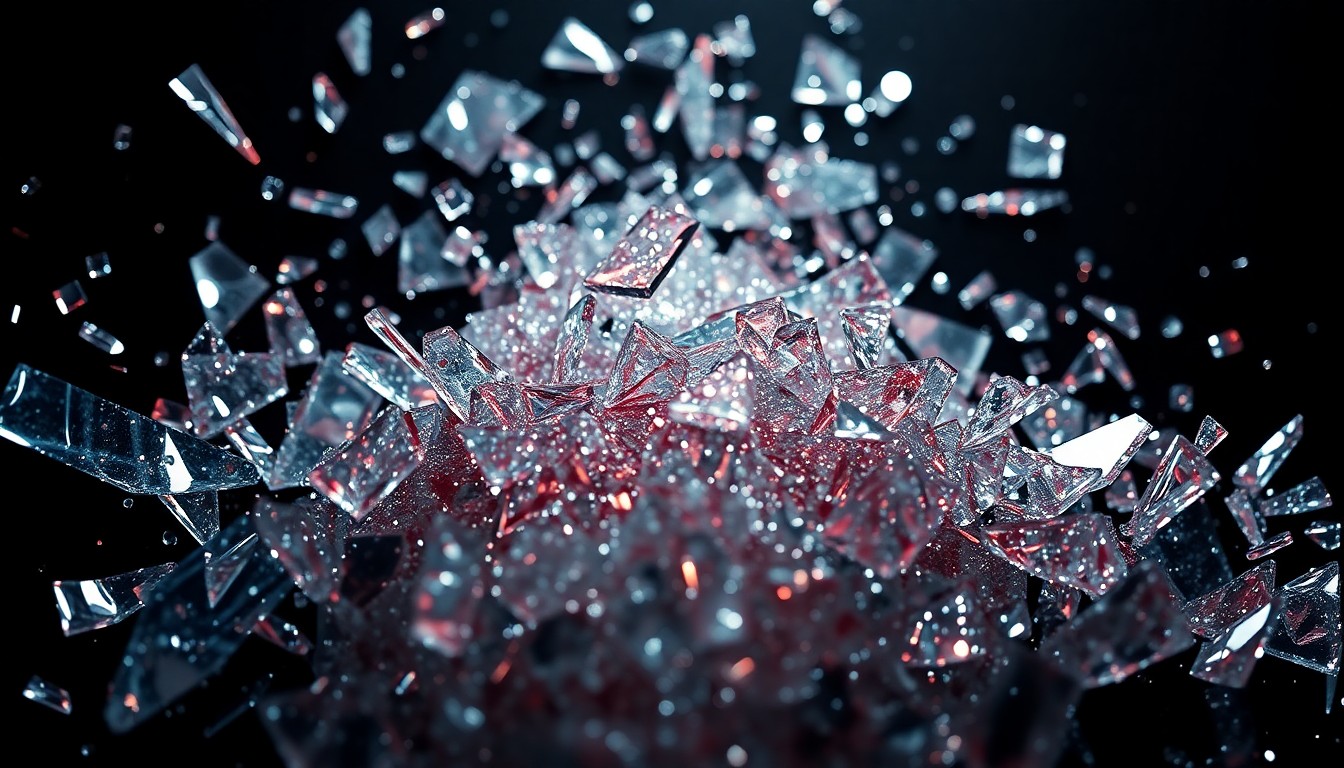An abstract close-up photograph of shattered, glittering glass shards in high-contrast studio lighting, conveying a sense of emotional fragility and vulnerability.