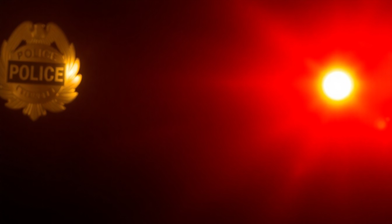 An extreme close-up photograph of a police badge or other law enforcement equipment, lit by a harsh, direct camera flash against a pitch-black background, conveying a stark, gritty, and investigative aesthetic.