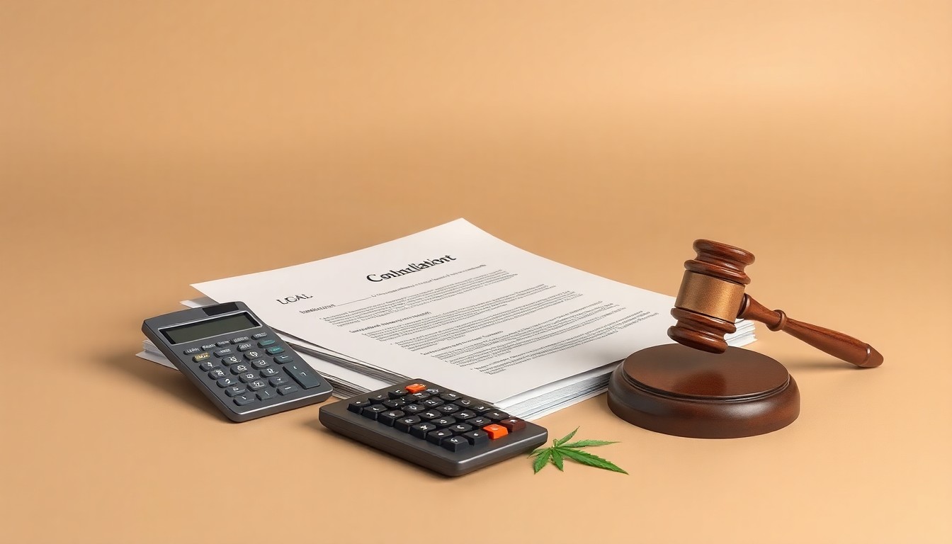 A high-end, photorealistic studio still-life photograph featuring a stack of legal documents, a calculator, and a gavel arranged elegantly on a clean, monochromatic background, symbolizing the legal and financial challenges facing the cannabis industry.