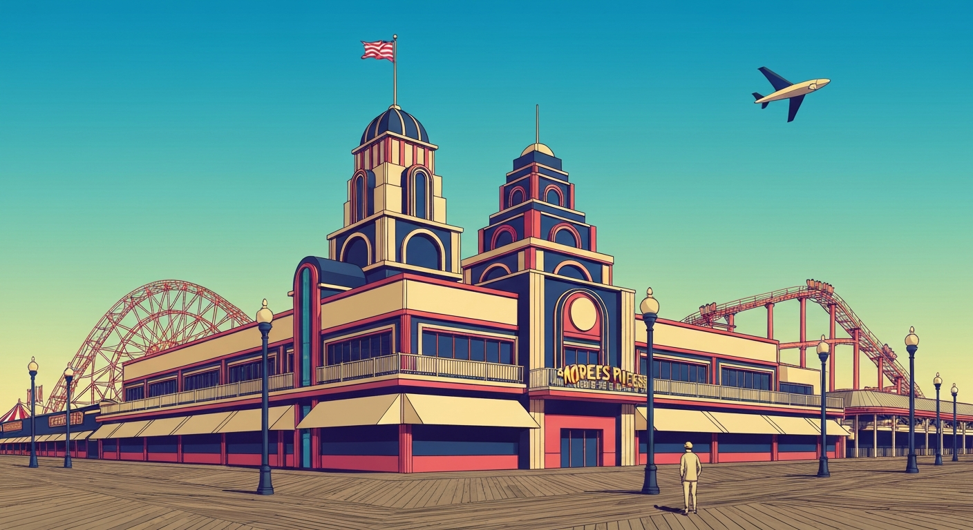 An art deco-inspired illustration depicting the sweeping architecture and bold geometric shapes of Moreys Piers amusement park on the Wildwood, New Jersey boardwalk, conveying a sense of travel and adventure.