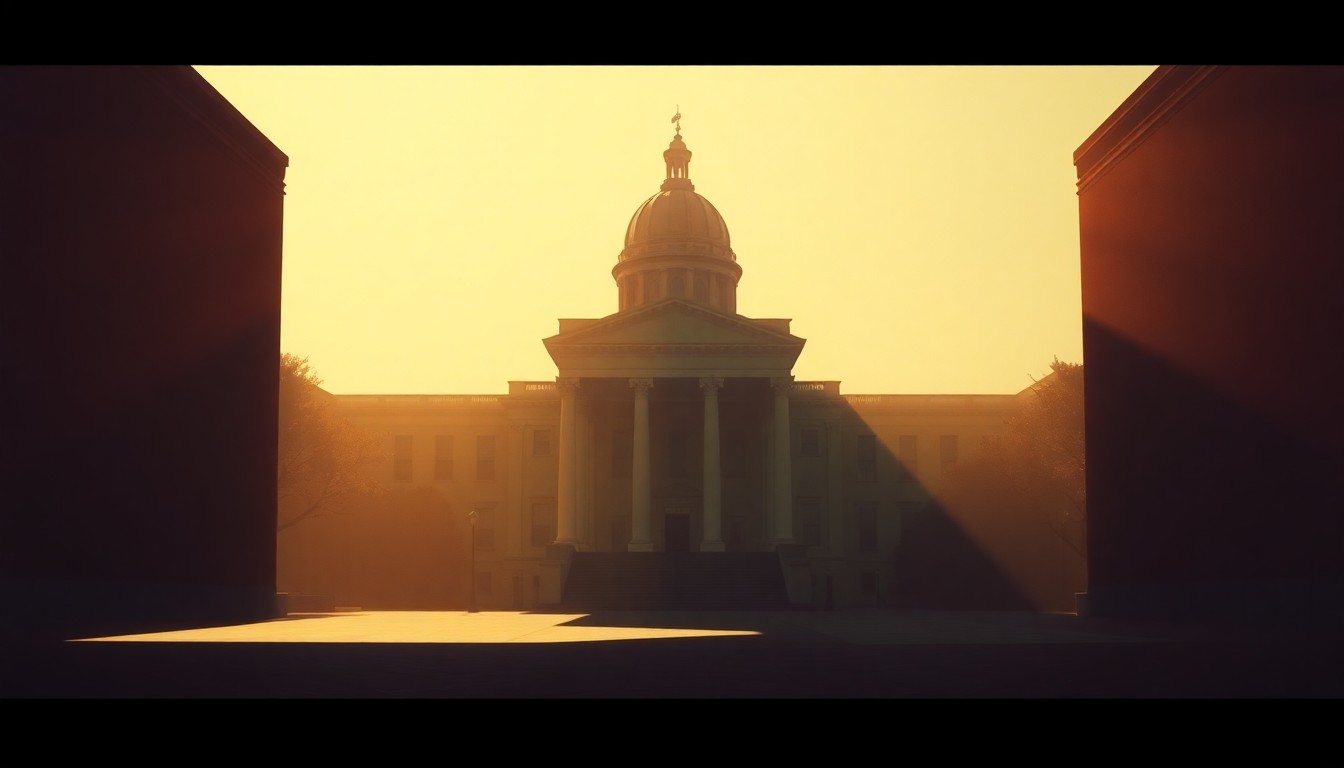 A dimly lit, cinematic painting of an empty government office or legislative chamber, with warm sunlight streaming in through the windows and casting deep shadows across the room, conveying a sense of solemnity and contemplation around the political process.