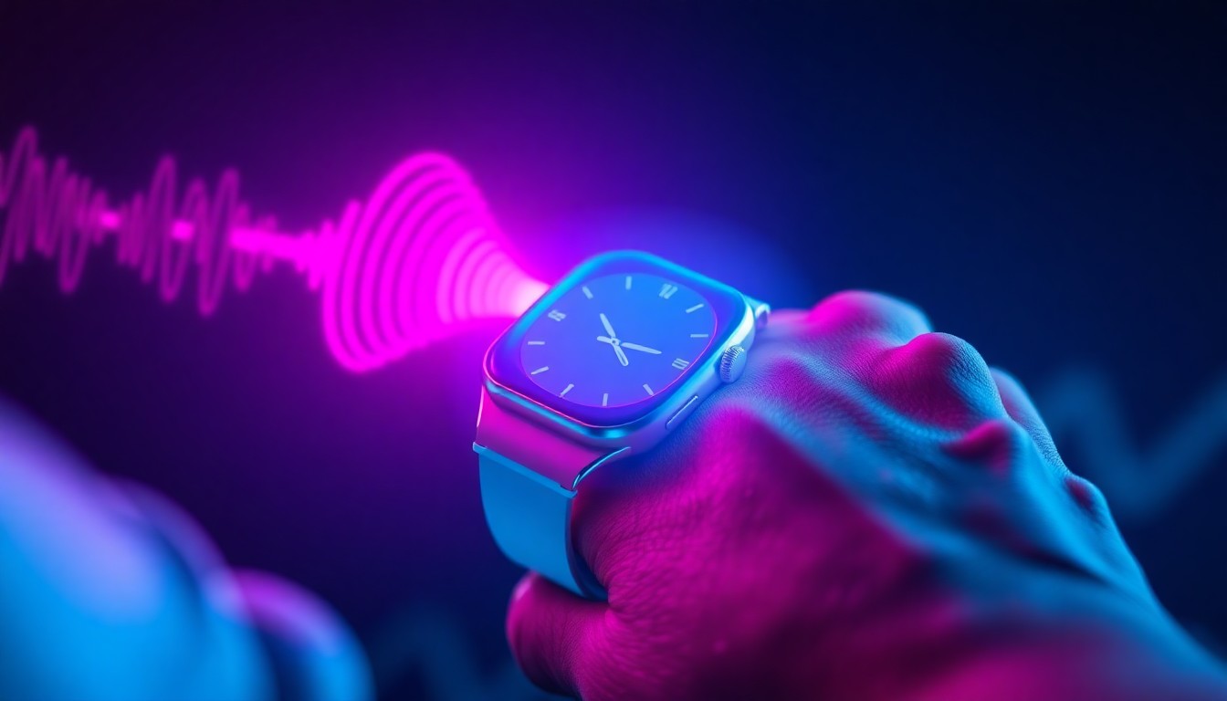A highly detailed, glowing 3D illustration of a smartwatch emitting neon-colored sound waves that interact with a human hand, conceptually representing the advanced gesture-tracking capabilities of this new wearable technology.