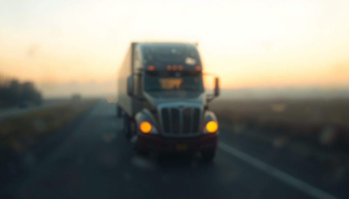 An abstract, impressionistic photograph showing the faint outline of a semi-truck on a rural highway, surrounded by soft, warm pools of light and color, conveying a sense of melancholy and nostalgia.