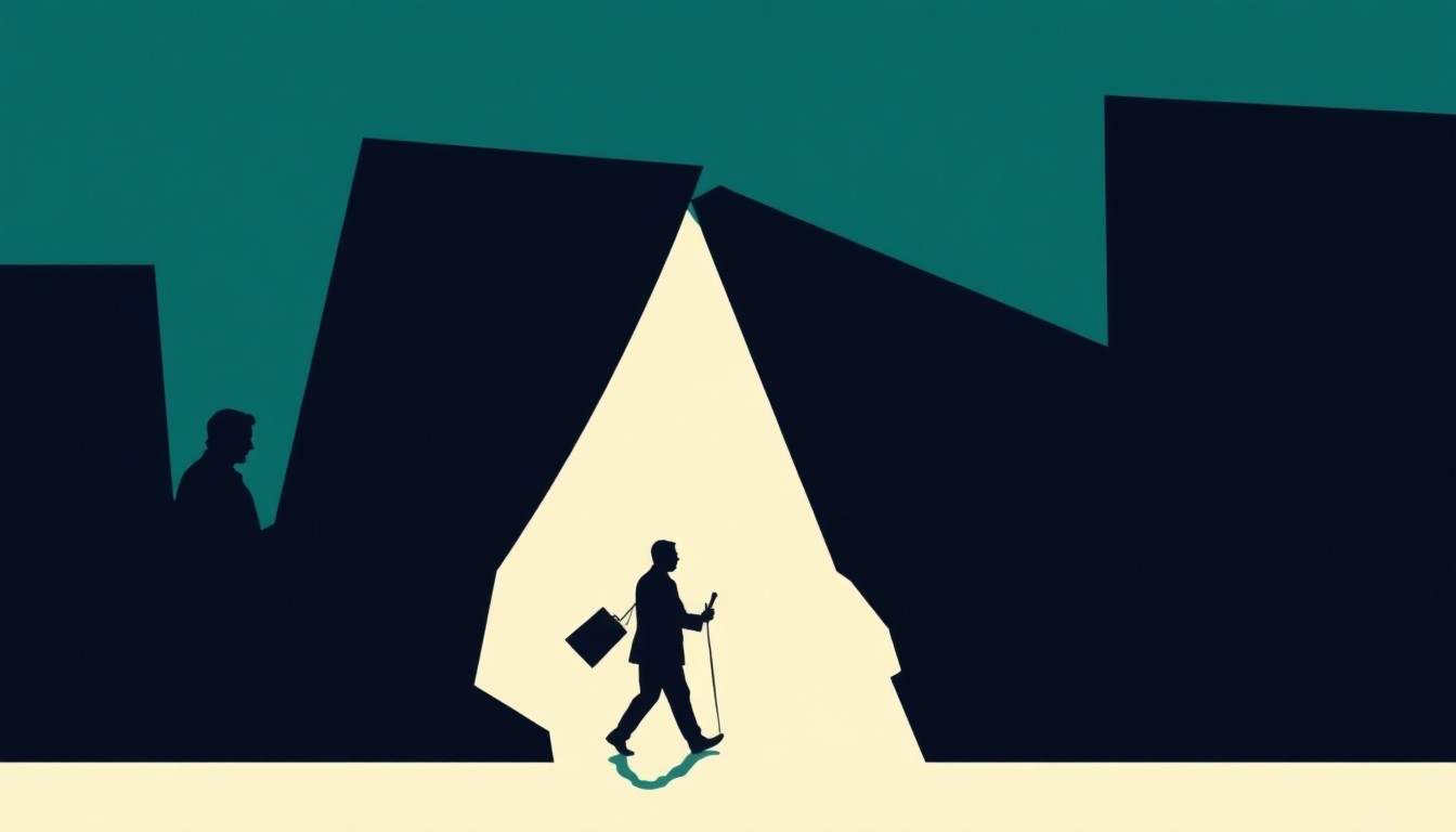 A minimalist, abstract illustration featuring sharp, angular shapes in navy, teal, and burnt orange, conceptually representing the leadership transition and growth of a performing arts organization.