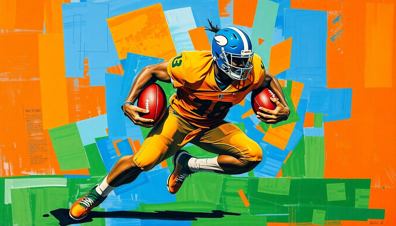 A fragmented, geometric painting depicting a football player in motion, with sharp planes of color and overlapping perspectives conveying the raw energy of the sport.