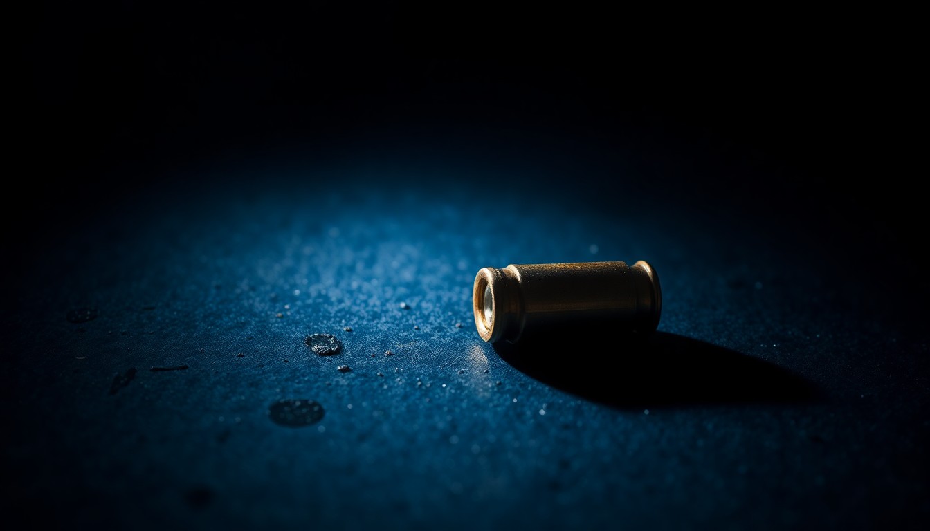 An extreme close-up photograph of a single spent bullet casing on a dark, textured surface, lit by a harsh, direct camera flash, conceptually representing the aftermath of a shooting incident.