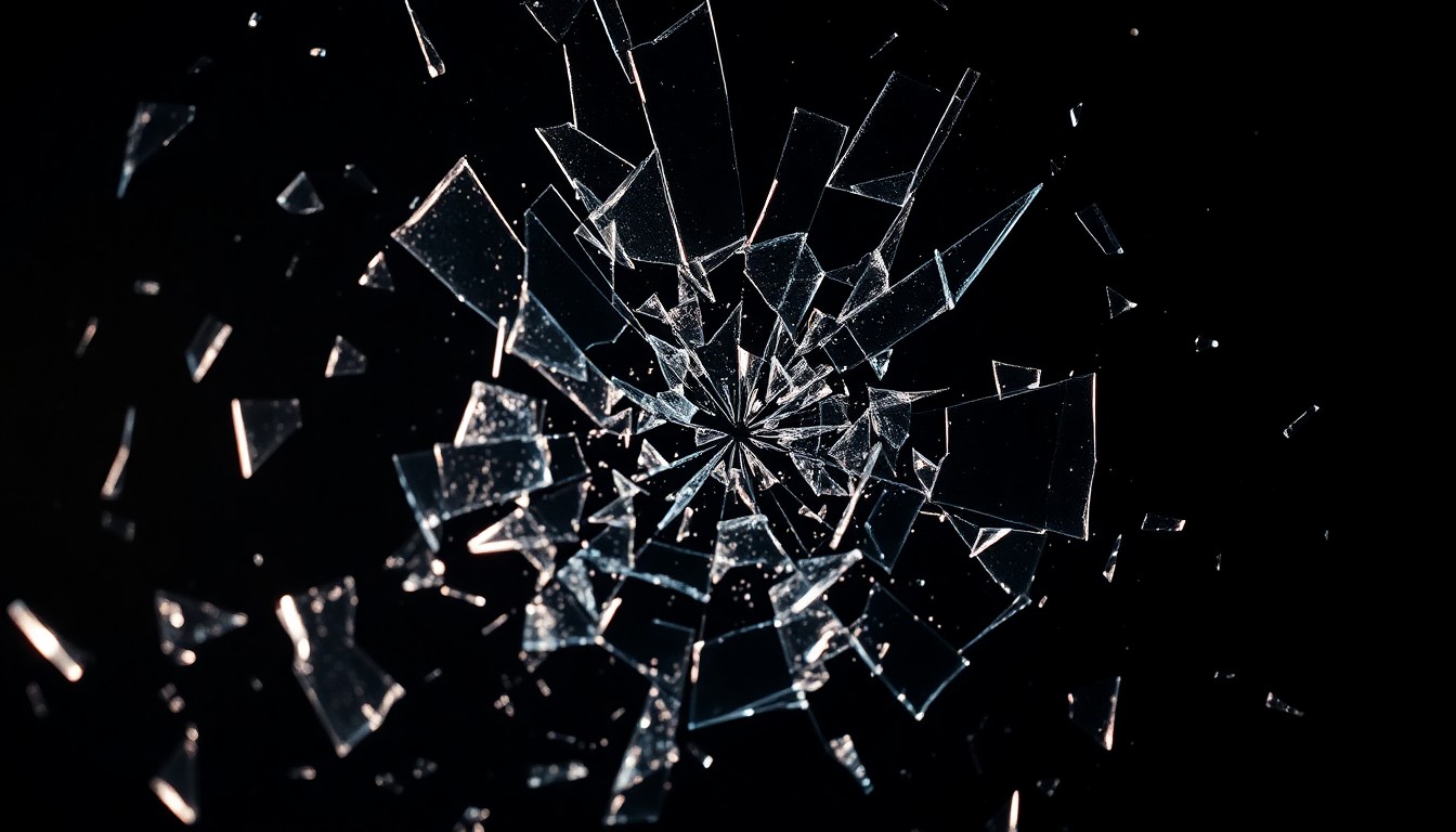 An extreme close-up of shattered glass reflecting a faint red light, conceptually illustrating the tragic downfall of a passionate relationship.