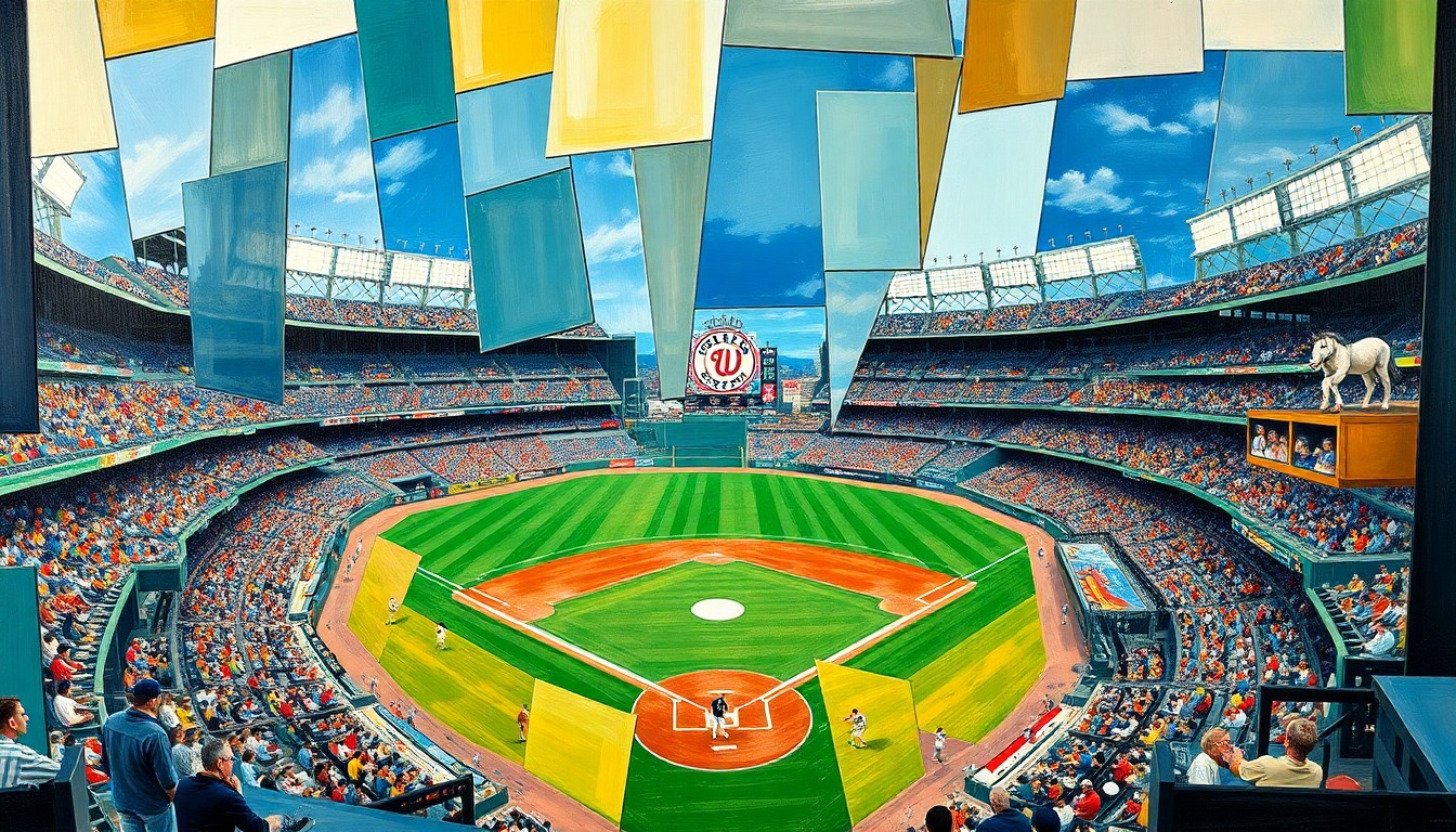 A cubist-style painting featuring overlapping geometric shapes and planes in shades of green, blue, and orange, conceptually representing the various aspects of a baseball player's performance.