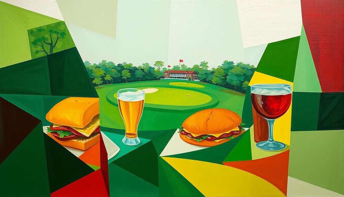 A fractured, cubist-style painting depicting abstract shapes and geometric planes in vibrant shades of green, gold, and red, representing the iconic food and drink of the Masters Tournament, including pimento cheese sandwiches and beer glasses, set against a backdrop of lush fairways.