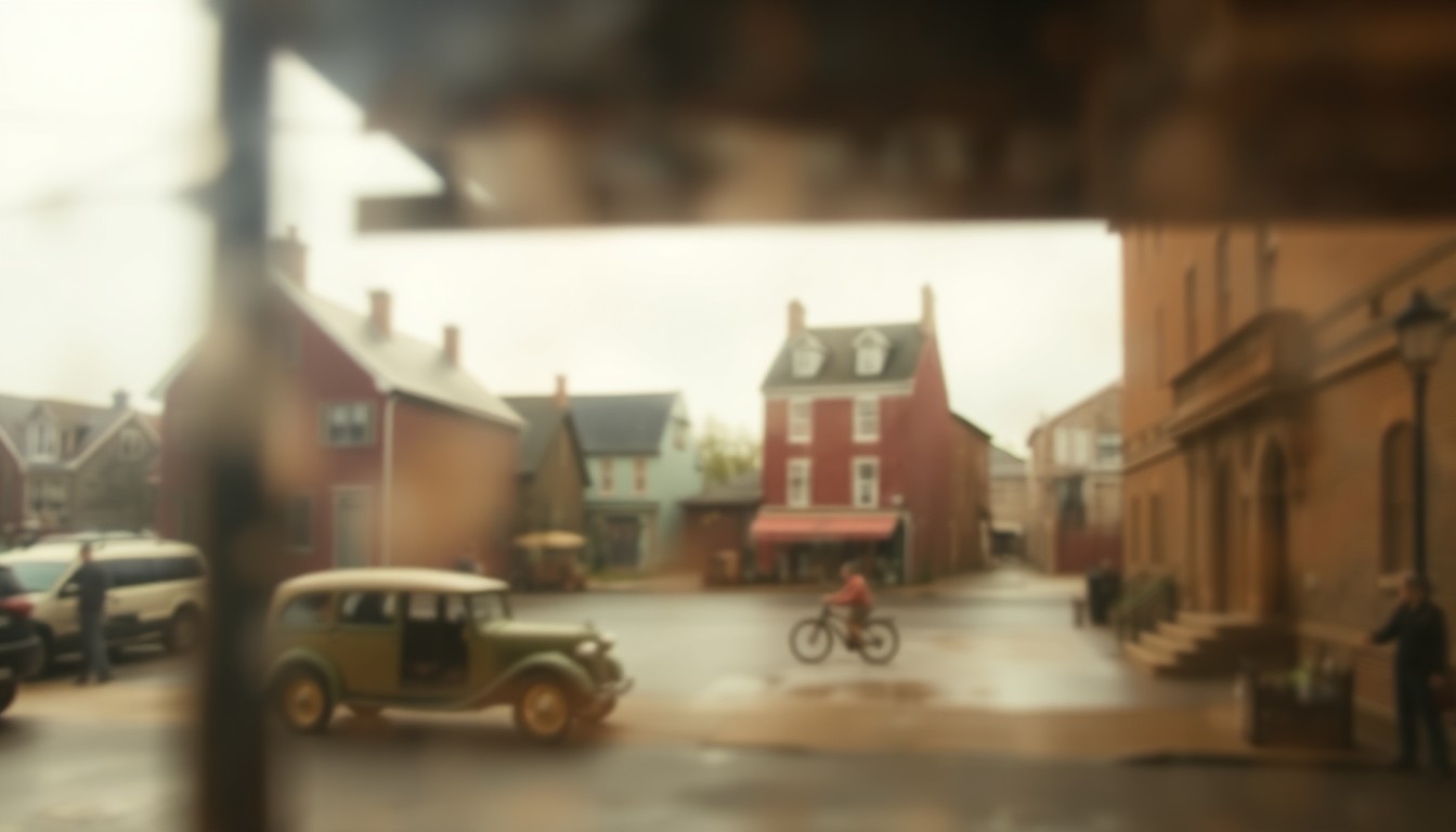 An impressionistic, out-of-focus scene depicting the historic buildings and architecture of a 19th-century village, with soft pools of warm, earthy colors and diffused light creating a dreamlike, nostalgic atmosphere.