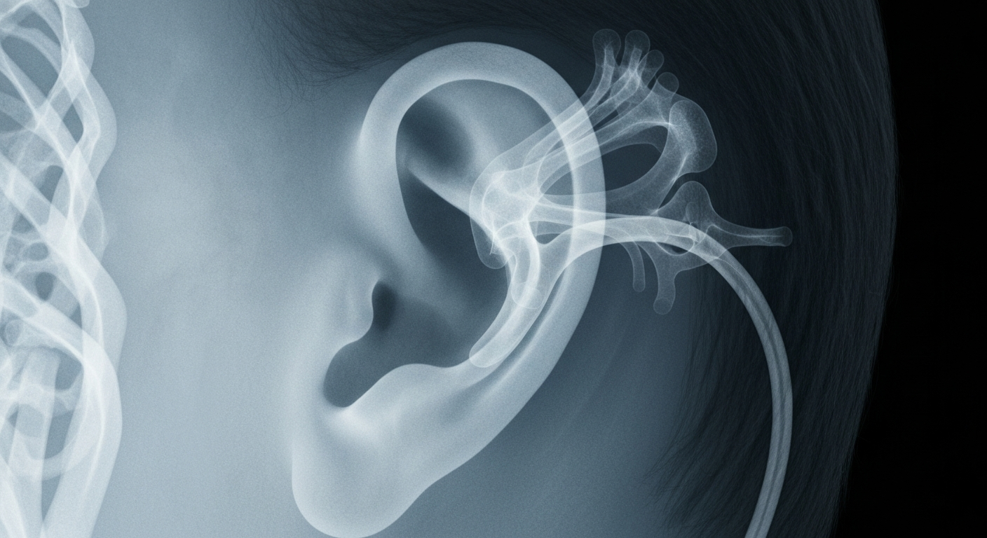 A ghostly, translucent X-ray photograph revealing the intricate inner structures of a human ear, conceptually illustrating the importance of proper hearing protection for hunters.