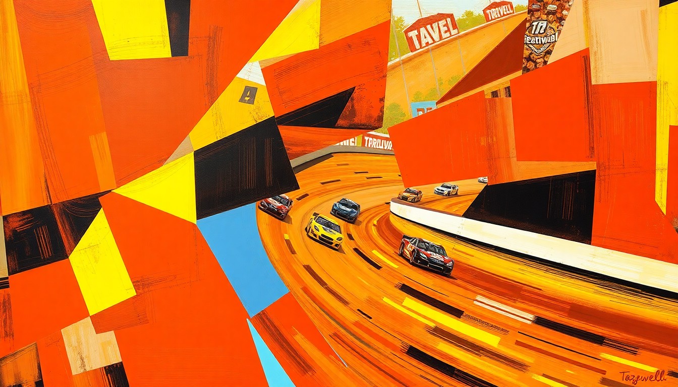 A fractured, multi-perspective painting in bold, vibrant colors depicting the dynamic action of a dirt late model race, with the cars and track broken down into sharp, overlapping geometric shapes.