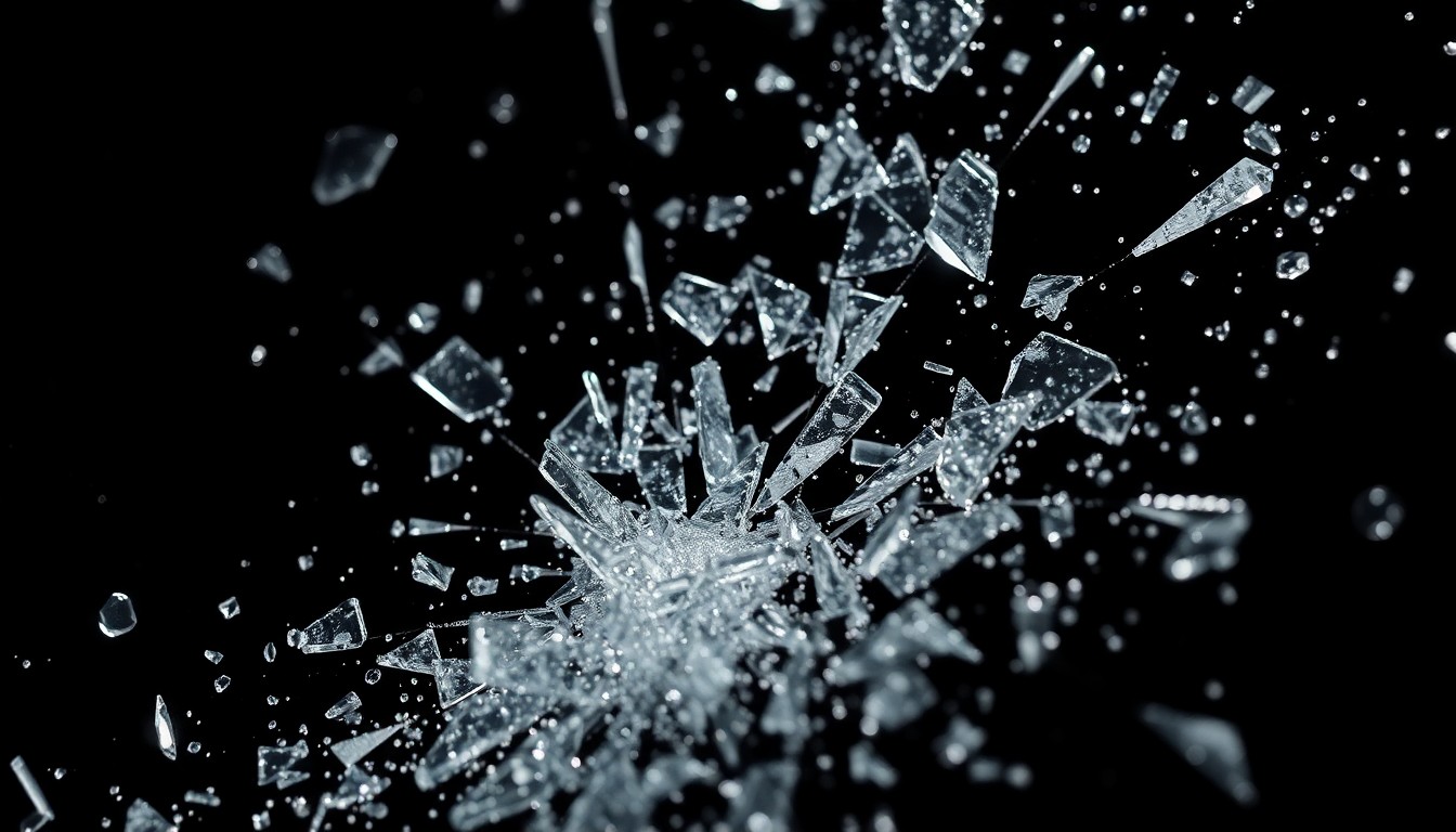 An extreme close-up photograph of shattered glass and glittering shards, capturing the dramatic textures and high-contrast lighting to represent the fragility and resilience of the Minneapolis community in the face of social and political turmoil.