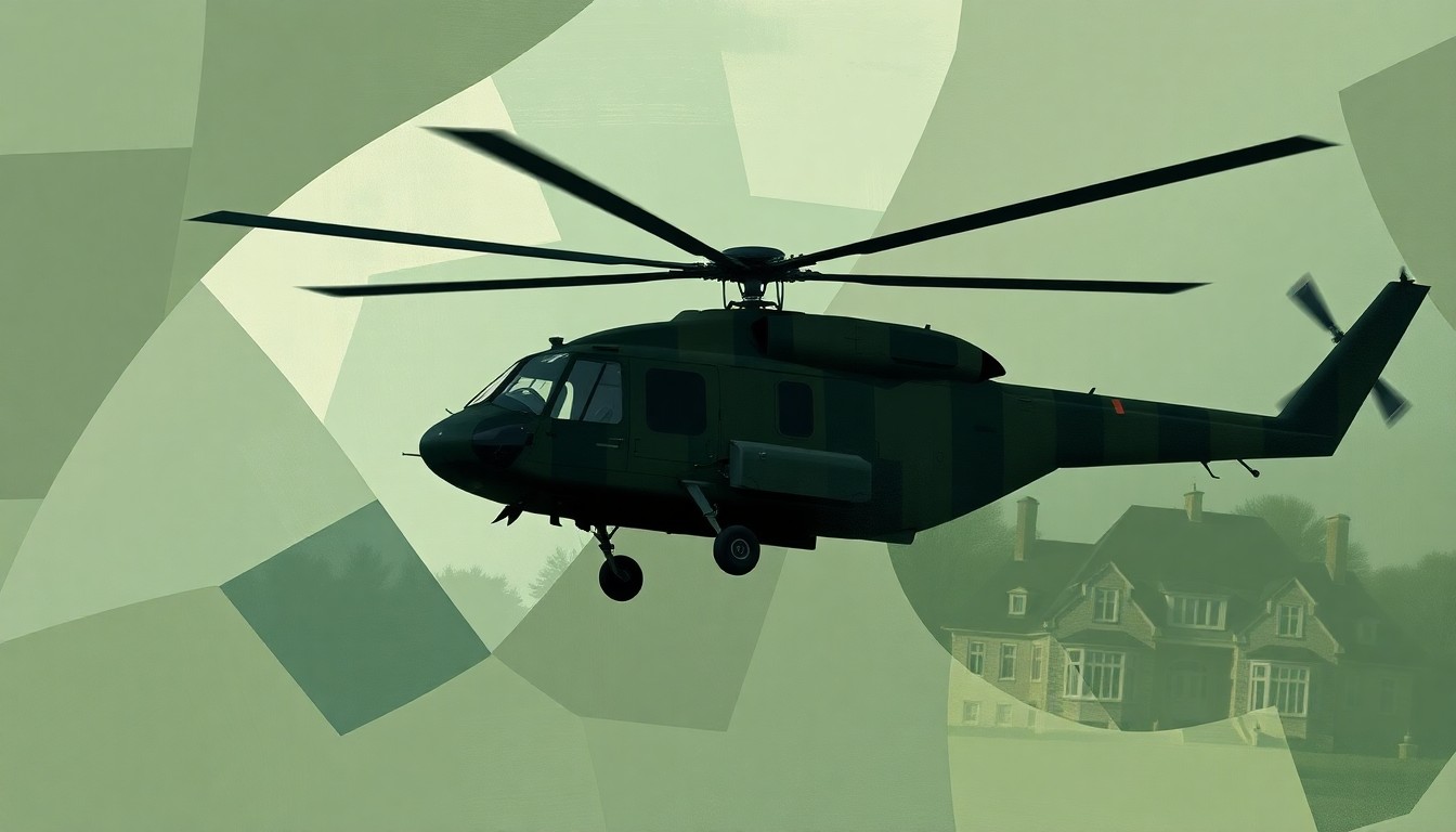 A fractured, abstract painting of a military helicopter in mid-flight, with overlapping geometric shapes and waves of dark green, khaki, and steel grey colors, hinting at the tension between military operations and celebrity culture.