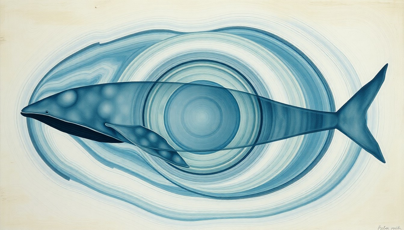 A highly structured abstract painting in soft, earthy tones of blue, green, and gray, featuring sweeping geometric arcs, concentric circles, and precise botanical spirals, conceptually representing the complex migratory patterns and feeding behaviors of gray whales and the delicate balance of their ecosystem.