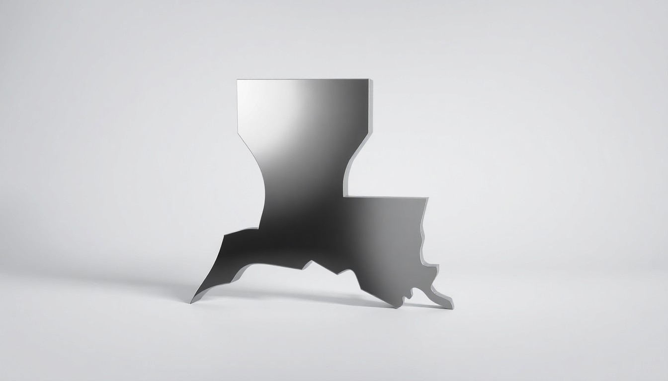 A highly polished, geometric metal sculpture in the shape of the state of Louisiana, resting on a clean, monochromatic background and dramatically lit to convey the state's strong business fundamentals and entrepreneurial spirit.