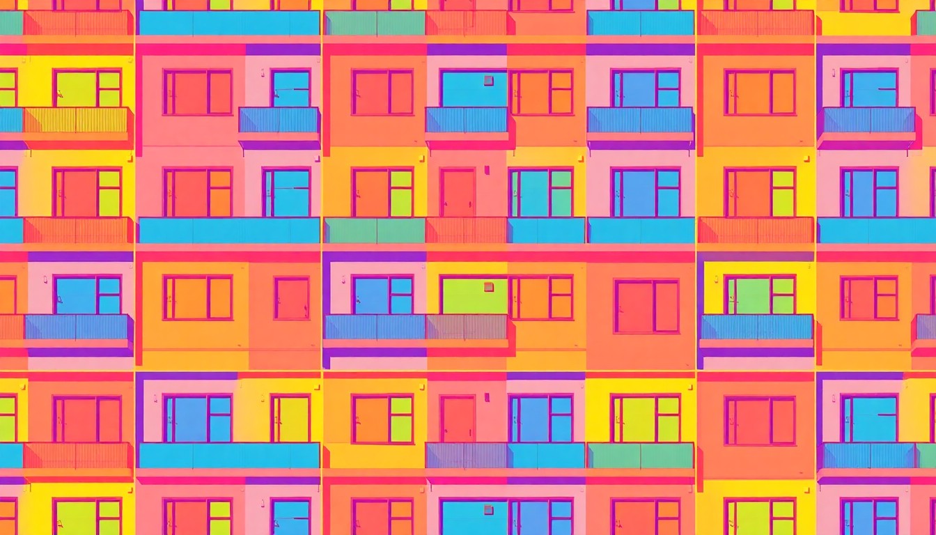 A grid of brightly colored, high-contrast silkscreen prints depicting the modern facade of a 3D-printed home, conceptually representing the innovative residential development surrounding the Waco Surf resort.