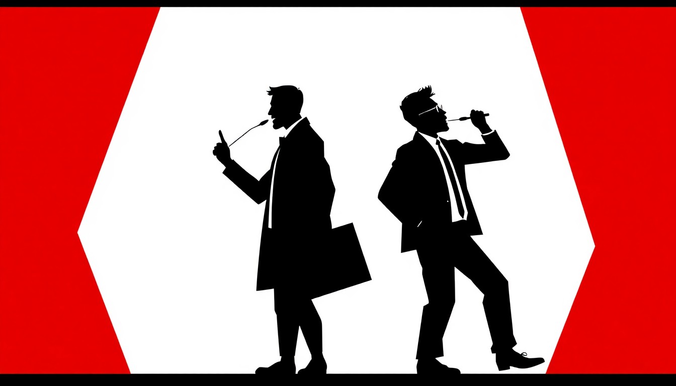 A minimalist, abstract illustration featuring stark black silhouettes of two contrasting characters against a vibrant red and white background, conceptually representing the misadventures and flawed personalities at the heart of the indie comedy 'Idiots'.