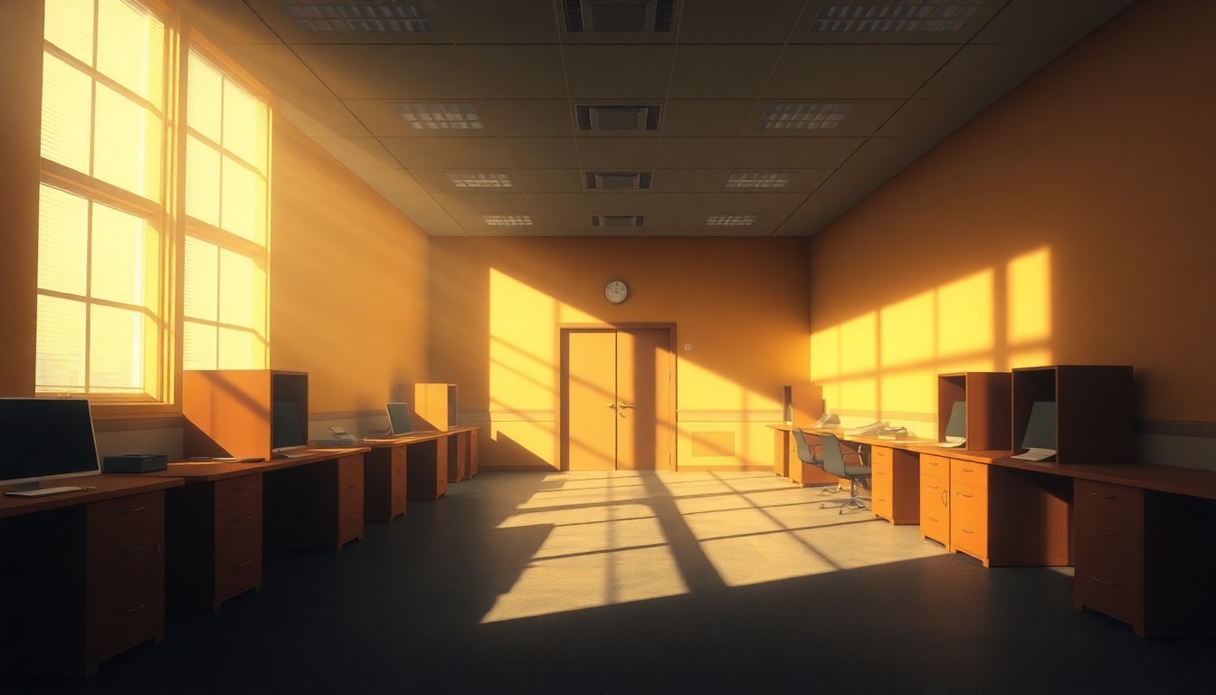 A dimly lit government office space with a lone desk and chair, the scene bathed in warm, diagonal sunlight and deep shadows, conveying a sense of political uncertainty and bureaucratic inertia.
