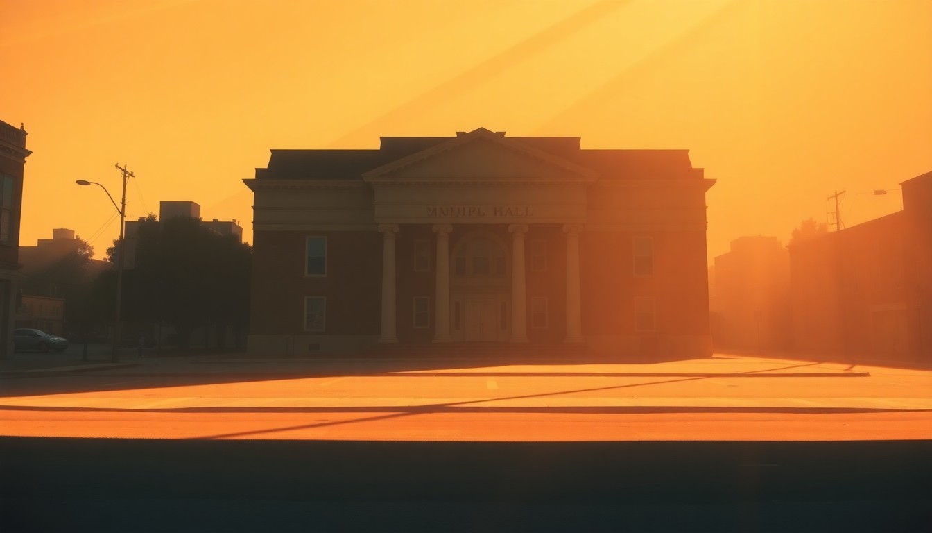 A photorealistic painting of a stately city hall building or other municipal structure, with the facade bathed in warm, golden sunlight and deep shadows, conveying a sense of civic pride and quiet contemplation.