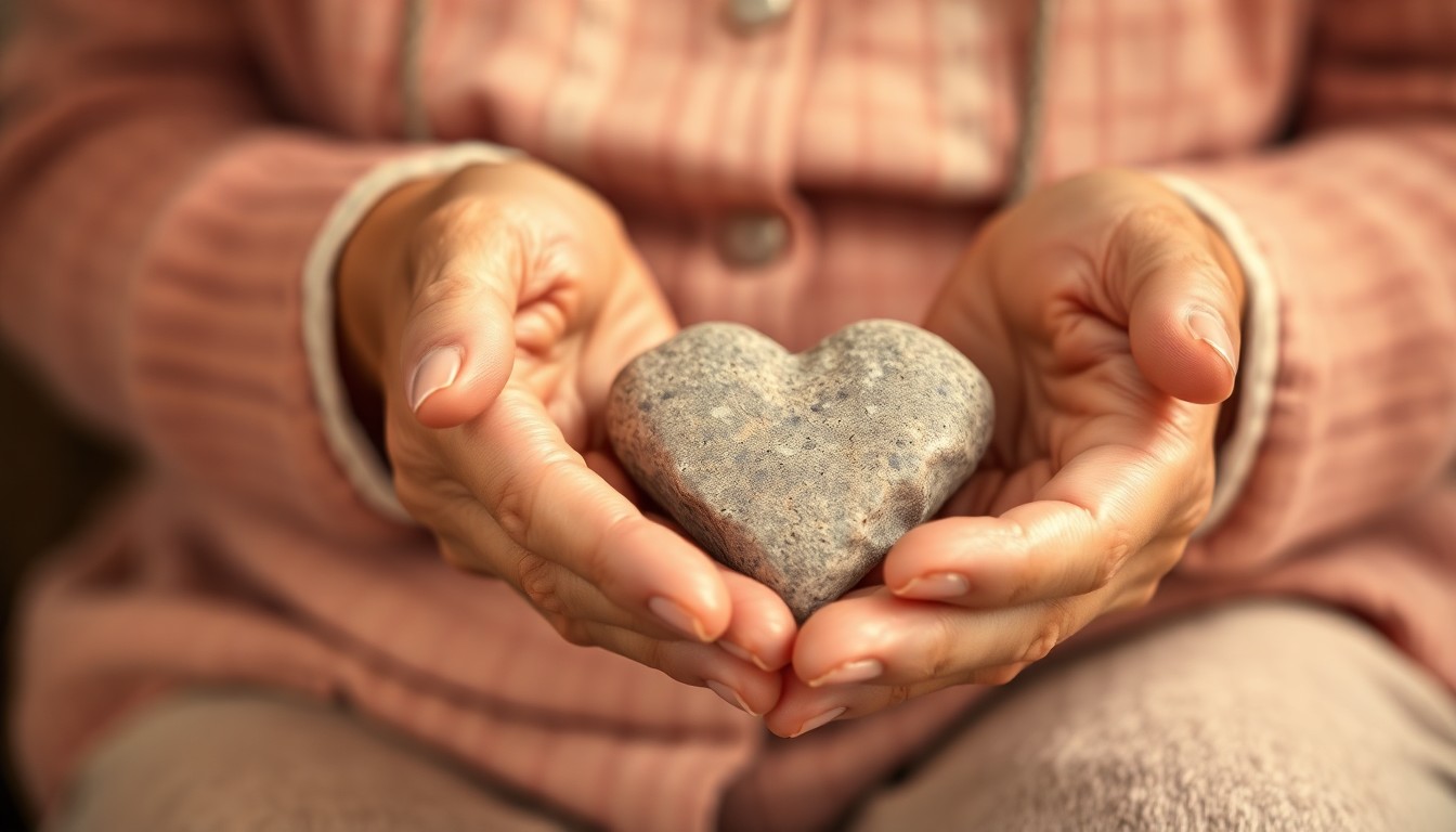 An extremely abstracted, out-of-focus photograph in warm, muted tones depicting an elderly woman's hands gently holding a heart-shaped rock, conceptually representing the quiet strength and enduring love that defined Delores Curran's life.