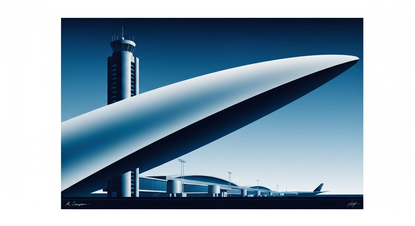 A bold, geometric illustration in shades of blue and silver, depicting the towering, streamlined form of an airport terminal or control tower against a sweeping gradient backdrop, conceptually representing the grand scale and sleek design of air travel infrastructure.