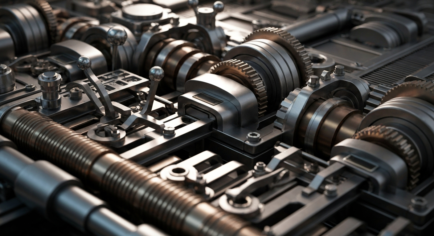 A dramatic close-up of intricate, heavy banking machinery in shades of steel, bronze, and chrome, representing the complex, powerful nature of the financial industry.