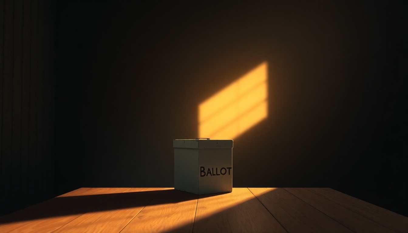 A close-up view of an old, worn ballot box sitting on a wooden table in a shadowy room, with warm light streaming in from a nearby window, creating a sense of quiet contemplation around the electoral process.