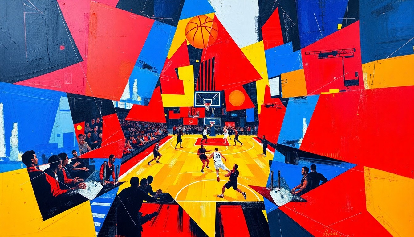 A cubist, geometric painting depicting the dynamic action of a basketball game, with players and the court fragmented into sharp, overlapping shapes in a vibrant color palette.