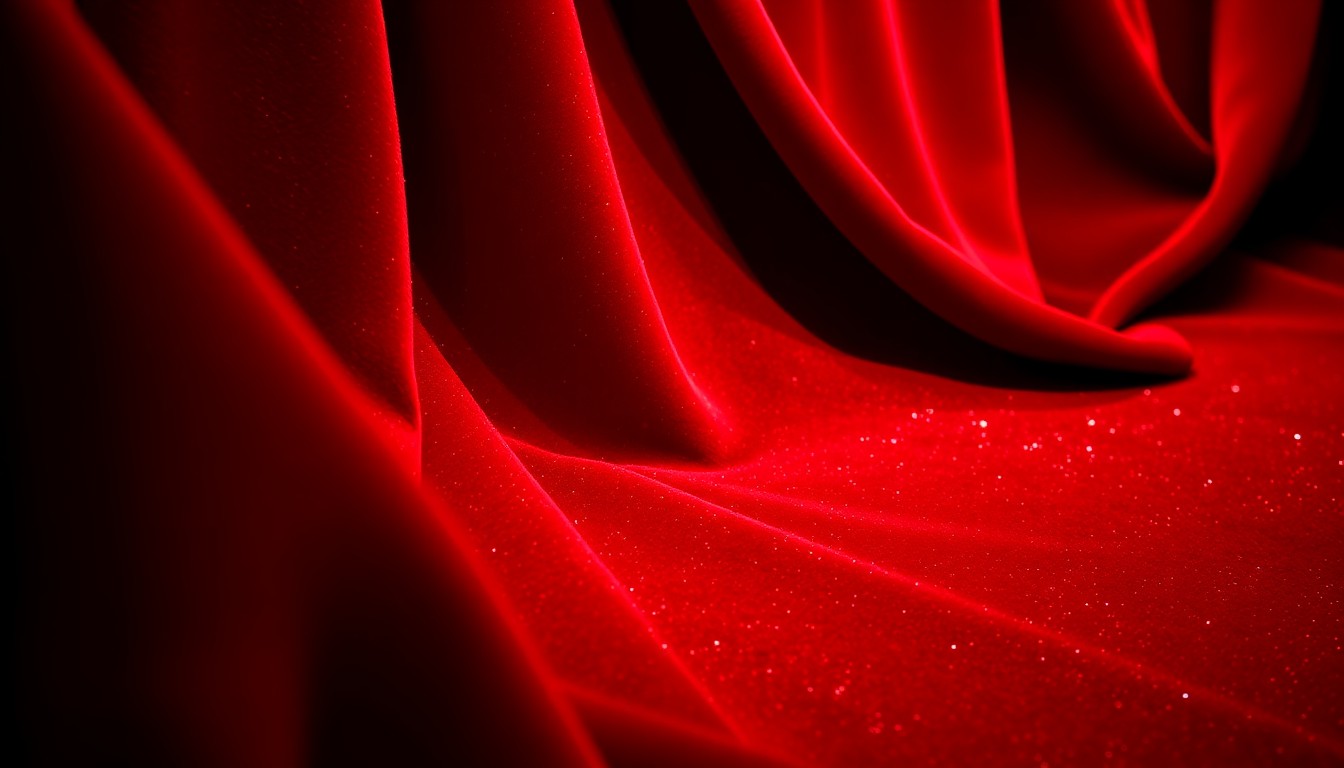 An extreme close-up photograph of lush, deep red velvet fabric illuminated by dramatic studio lighting, creating a high-fashion, glamorous aesthetic without depicting any specific people or objects.