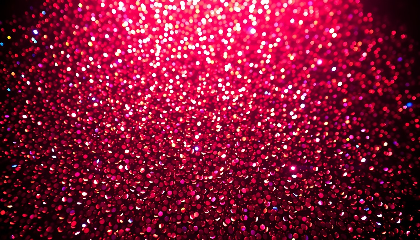 An abstract close-up photograph of shimmering, glittering sequins illuminated by dramatic studio lighting, conveying the high-energy and glamour of a live concert performance.