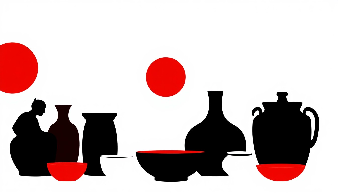An abstract, minimalist illustration using bold black shapes and bright colors to represent the ceramic art medium and creative process.