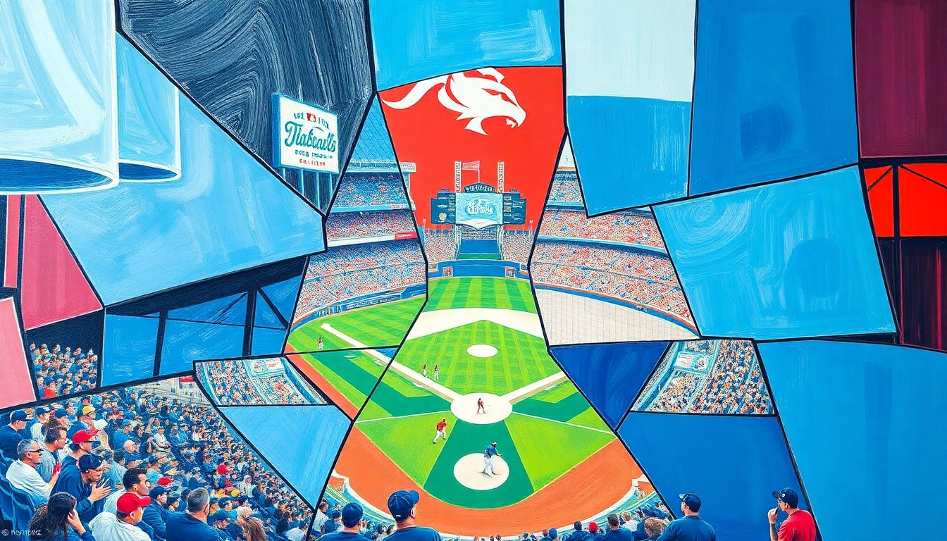 A fractured, geometric painting in bold blues and reds depicting the abstract shapes of a baseball stadium, players, and fans, conveying the energy and passion of professional sports.