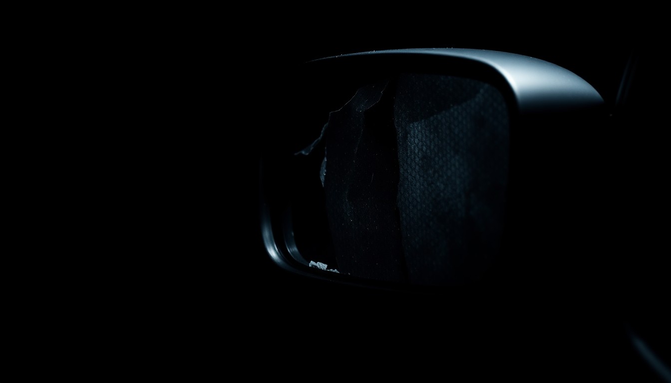 An extreme close-up of a shattered car side mirror reflecting a faint red light, conceptually illustrating the aftermath of a fatal highway collision.