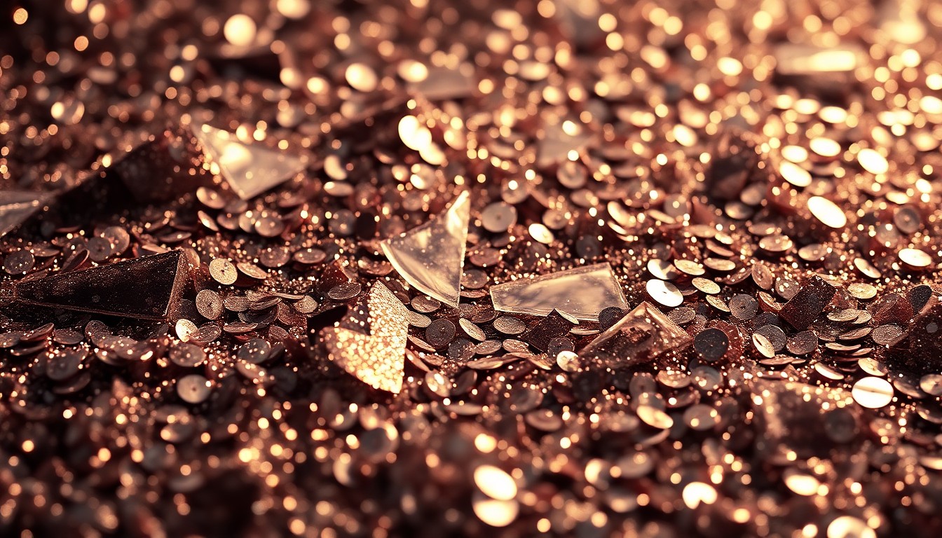 An extreme close-up photograph of shimmering sequins and shattered glass reflecting dramatic studio lighting, conceptually representing the glamour and high-energy of the American Idol television show.