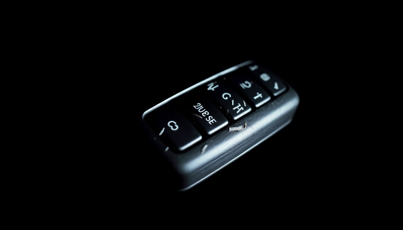 An extreme close-up photograph of a scratched and dented car key fob, conceptually representing the aftermath of a violent carjacking incident.