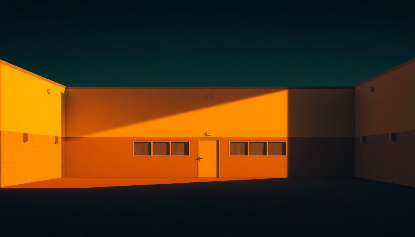 A photorealistic painting of a plain, nondescript immigration detention center building, with warm sunlight streaming through the windows and deep shadows across the facade, conveying a sense of isolation and melancholy.