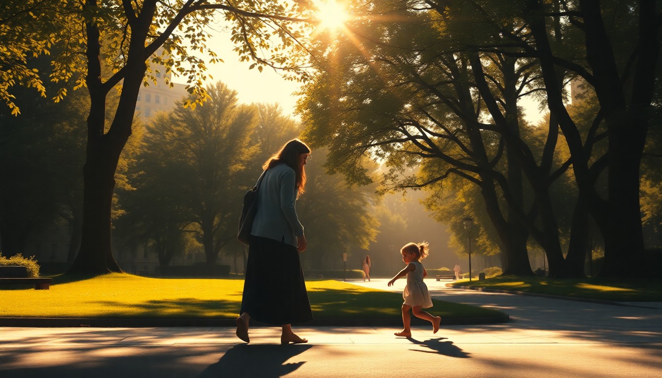 A warm, cinematic painting of a mother and child playing in a sun-dappled urban park, with soft brushstrokes and deep shadows capturing the quiet, nostalgic mood of the scene.