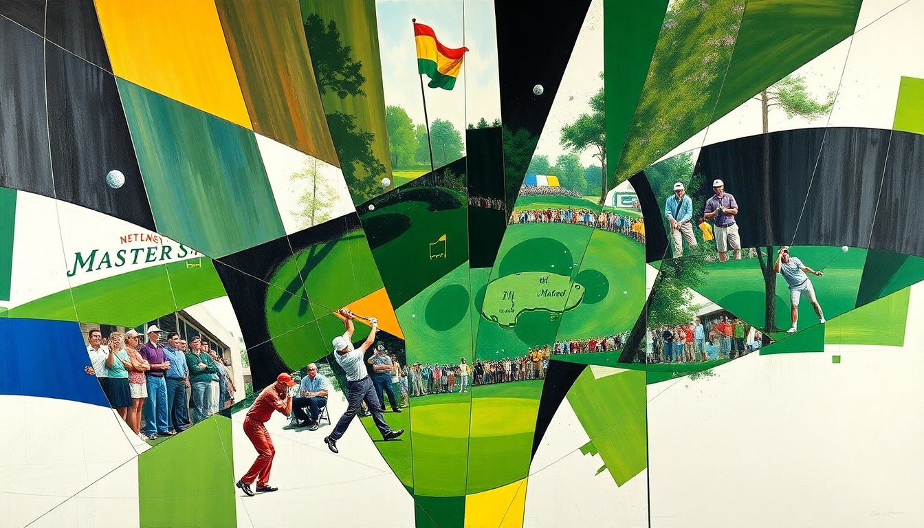 A cubist, geometric painting depicting the overlapping perspectives and energy of a golf tournament, with sharp planes of color and form representing the competition and camaraderie between the players.
