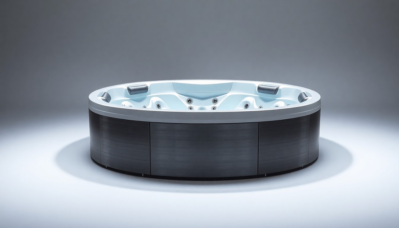 A high-end, photorealistic studio still-life photograph of a sleek, modern hot tub made of polished stainless steel and tempered glass, resting on a clean, monochromatic background and illuminated by dramatic studio lighting.